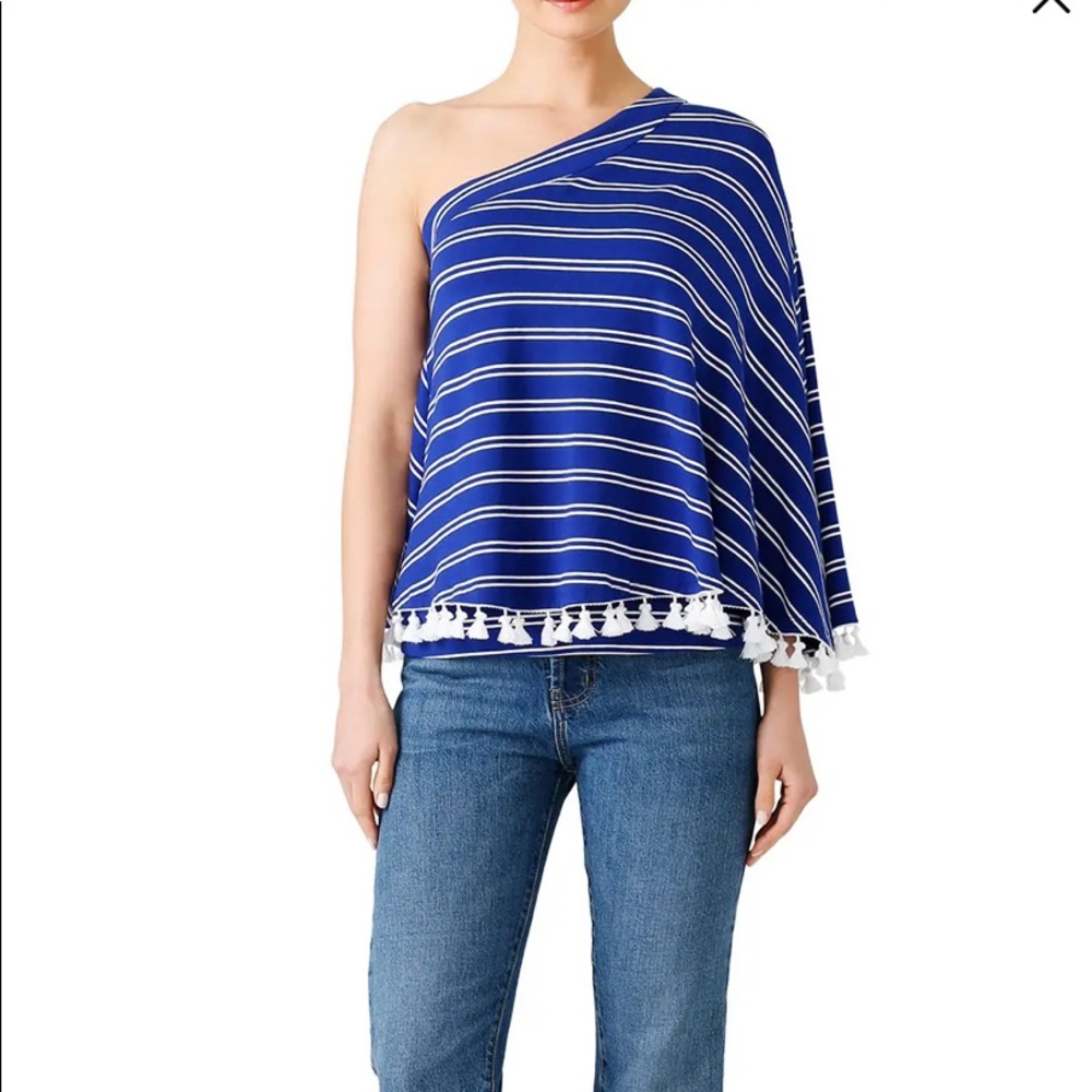 TRINA TURK Off Should Blue Striped Tassel Top